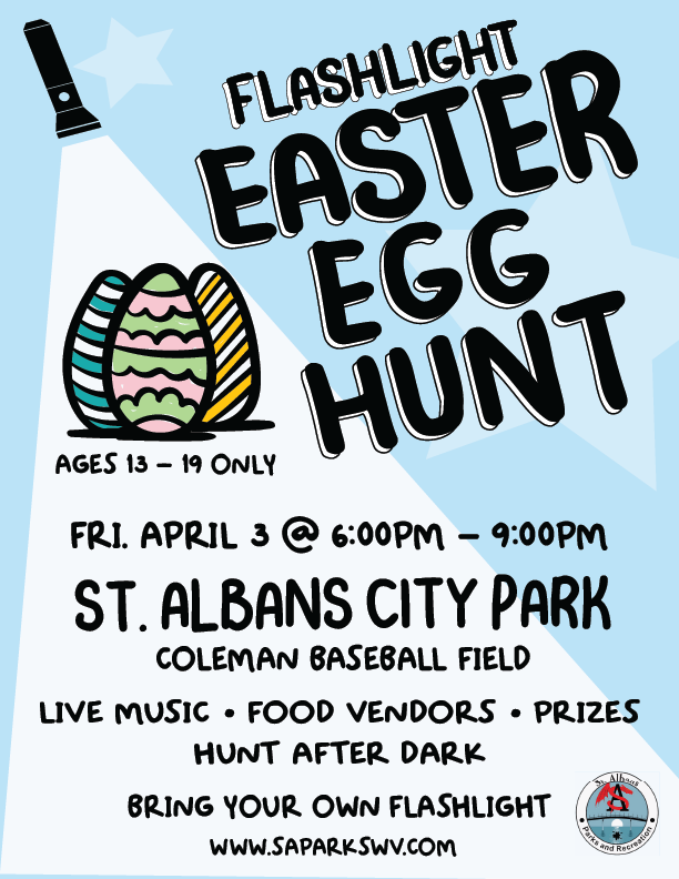 Flashlight Easter Egg Hunt! This year's event will take place on April 3, 2026, from 6 PM to 9 PM at St. Albans City Park, Coleman Field.
