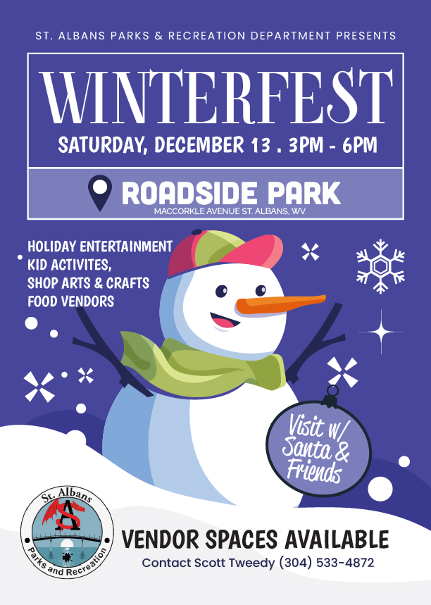 Join WinterFest at Roadside Park in St. Albans on Dec 13, 3-6 PM, for holiday crafts, kids’ activities, Santa visits, and festive entertainment! Free for all ages.