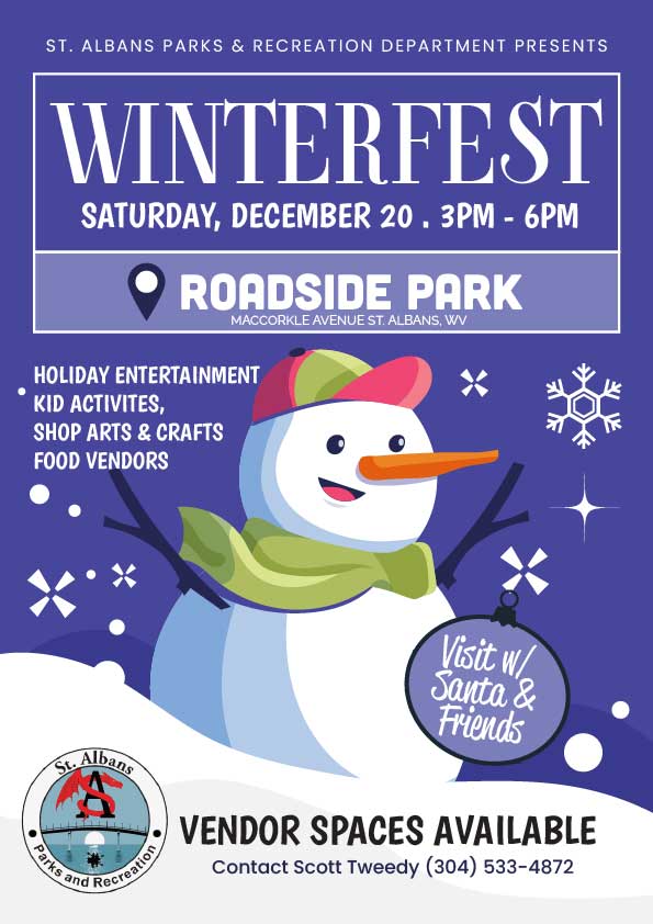 Join WinterFest at Roadside Park in St. Albans on Dec 20, 3-6 PM, for holiday crafts, kids’ activities, Santa visits, and festive entertainment! Free for all ages.