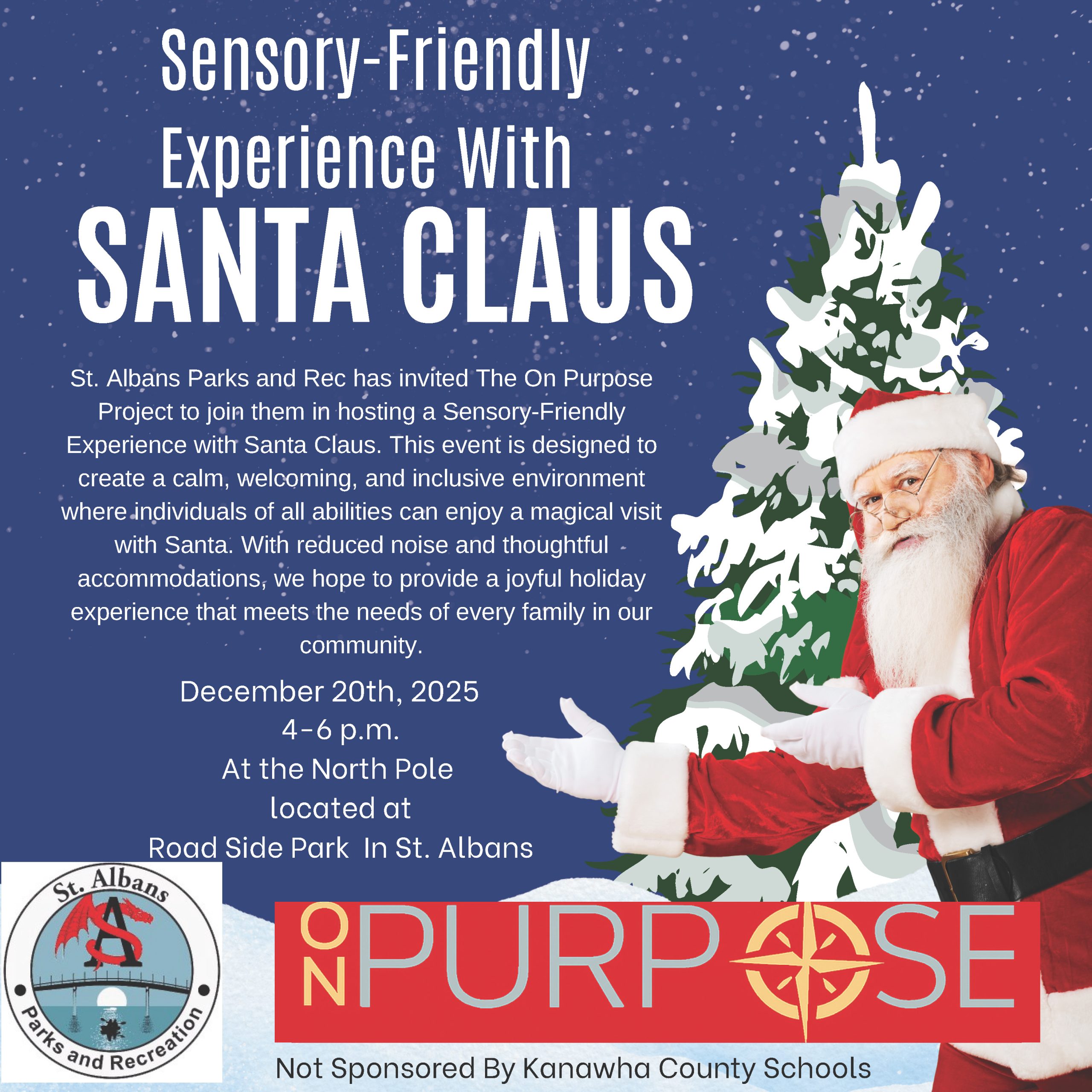 Sensory-Friendly Santa Experience in St. Albans on December 20, 2025. A calm, inclusive holiday visit with Santa at Roadside Park from 4–6 p.m.