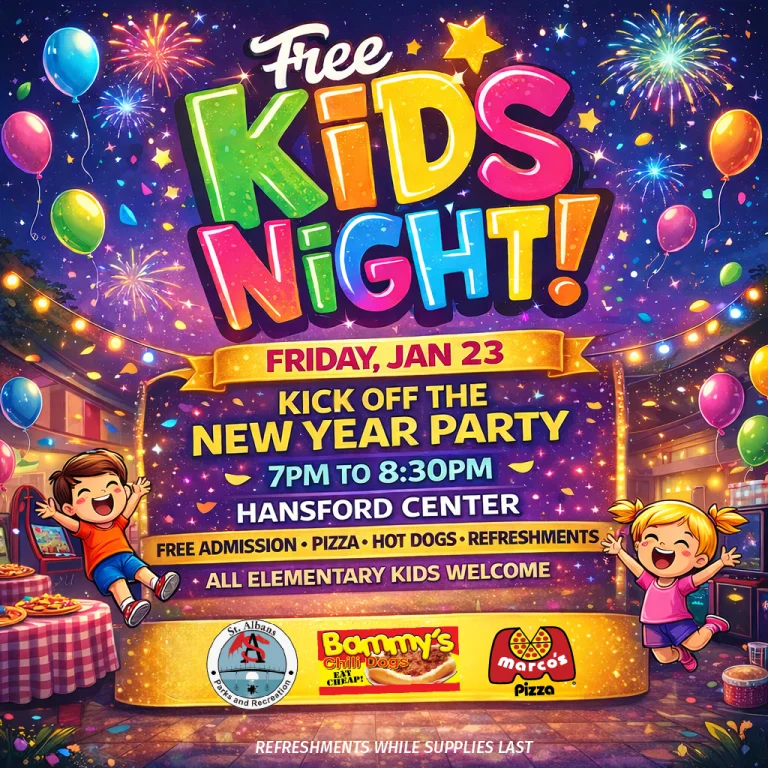 Free January Kids Night on Jan 23 (7–8:30 PM) at Hansford Center. Games, music, prizes, face painting, plus pizza and hot dogs.
