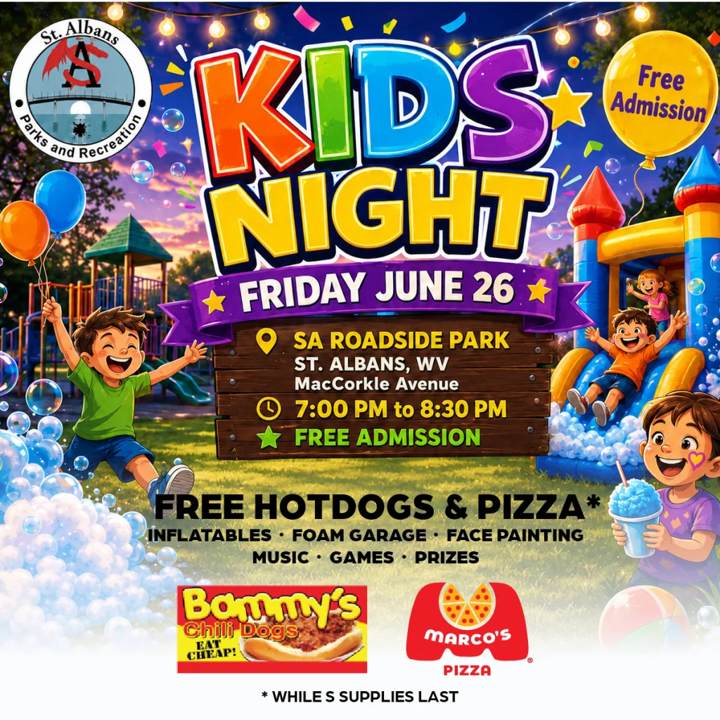 Join St. Albans Parks & Recreation for Kids Night at SA Roadside Park on June 26 with free admission, games, music, foam, face painting, and food while supplies last.