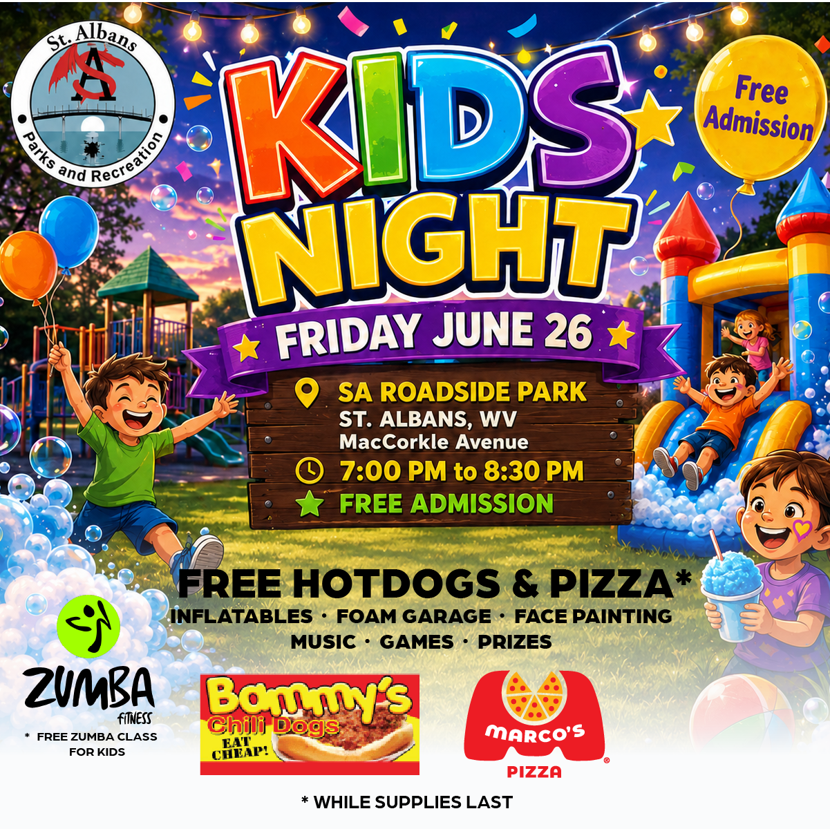 free-kids-night-june-26-zumba Join St. Albans Parks & Recreation for Kids Night at SA Roadside Park on June 26 with free admission, games, music, foam, face painting, and food while supplies last.